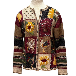 Vintage sz S embroidered cardigan sweater with chickens and flowers